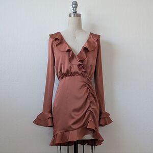 MAJORELLE Nelly Ruffle Satin Ruched Mini Dress in Terra Cotta Size Medium